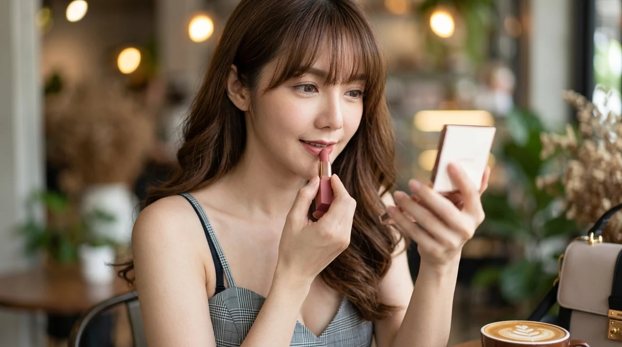 50代が韓国コスメをリップメイクに使う5つのメリットをイメージした写真風の画像